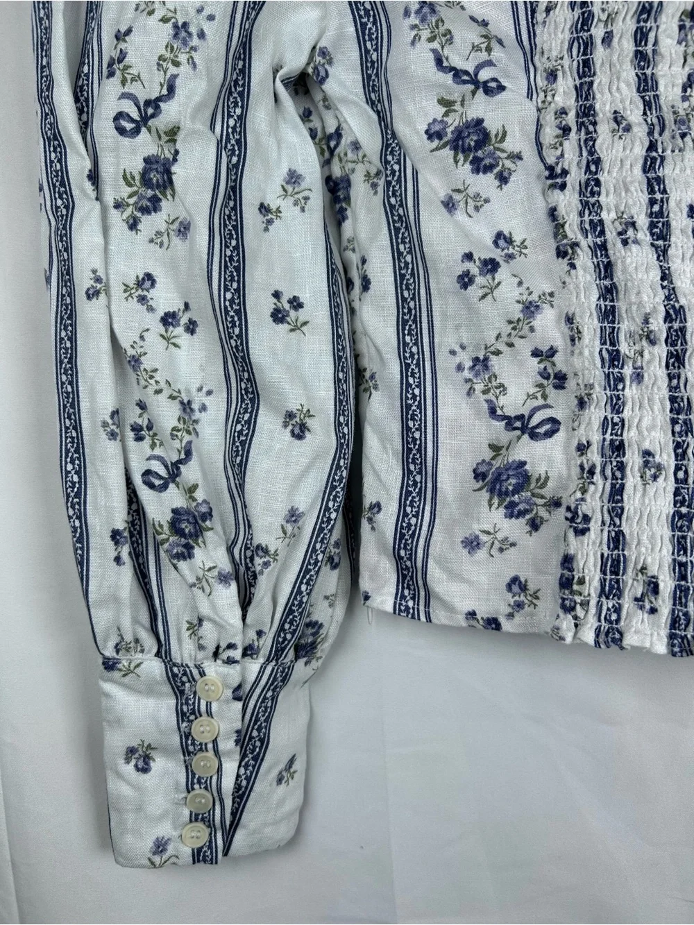 Reformation Floral Linen Crop Top Women’s Size 0 White Blue Sustainable